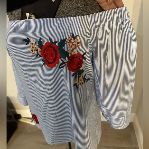 Blue and white striped with rose appliqué off shoulder shirt. - Picture 3 of 3
